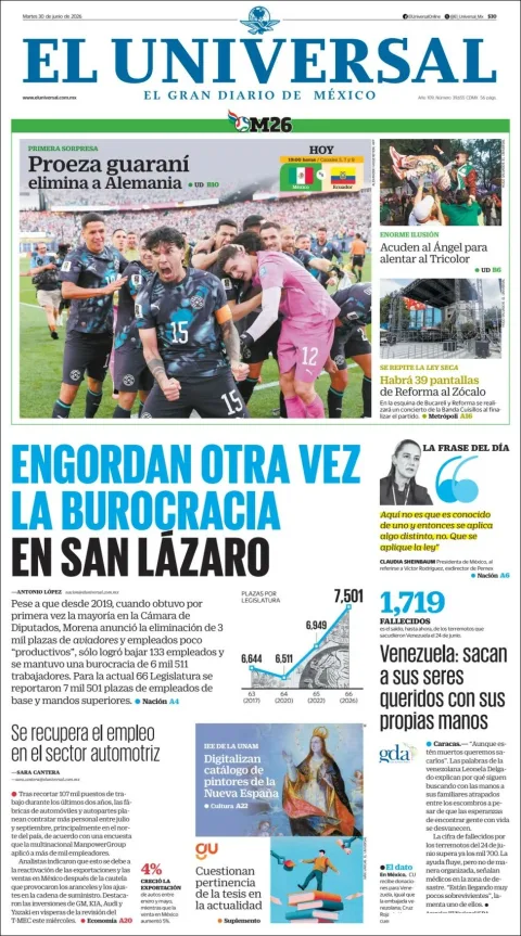 Portada de El Universal del martes, 30 de junio de 2026