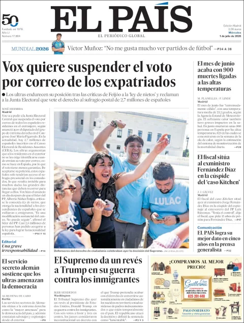 Portada de El Pais del miércoles, 1 de julio de 2026