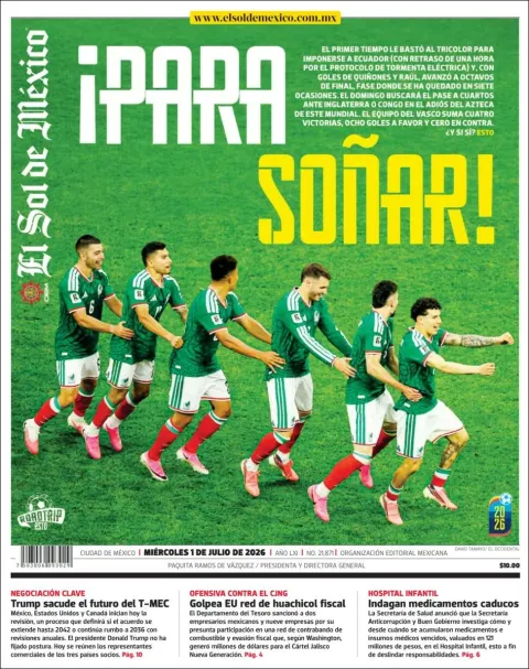 Portada de El Sol de Mexico del miércoles, 1 de julio de 2026