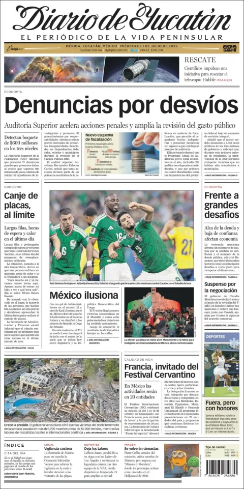 Portada de Diario de Yucatán del miércoles, 1 de julio de 2026