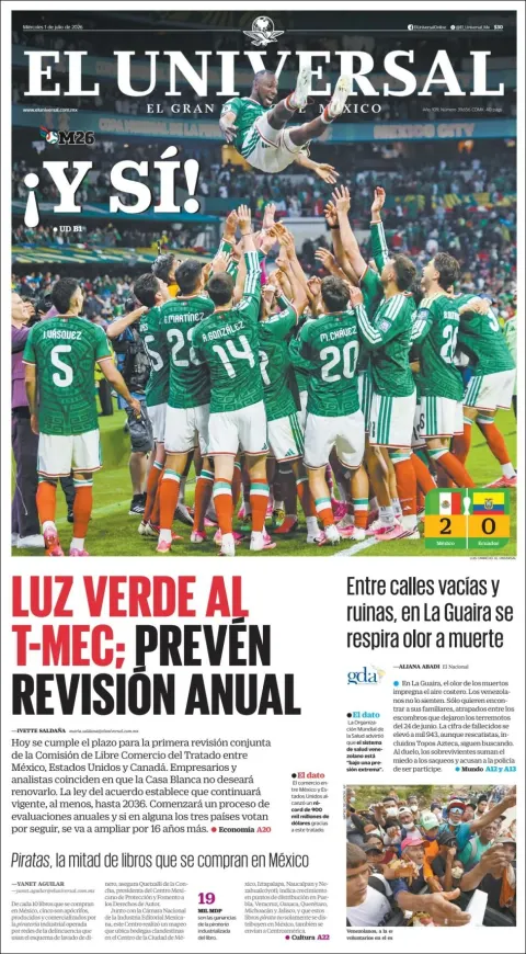 Portada de El Universal del miércoles, 1 de julio de 2026