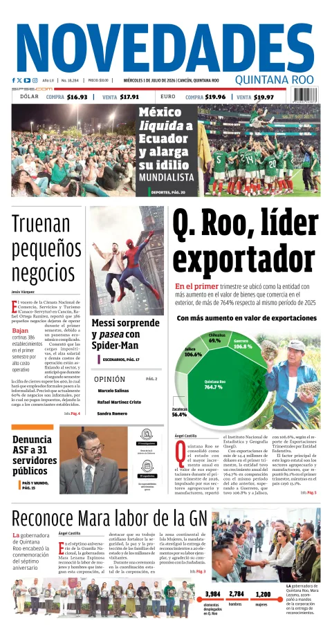 Portada de Novedades Quintana Roo del miércoles, 1 de julio de 2026