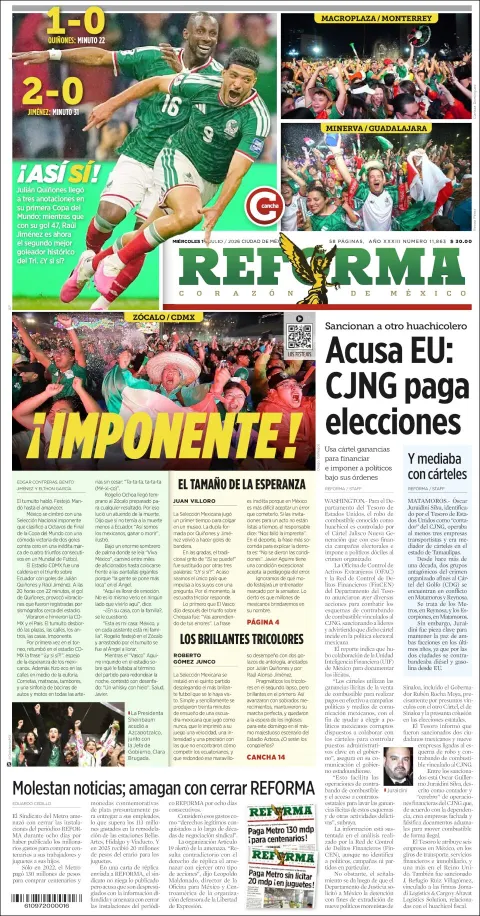 Portada de Reforma del miércoles, 1 de julio de 2026