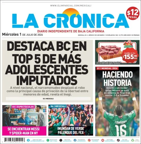Portada de La Cronica del miércoles, 1 de julio de 2026