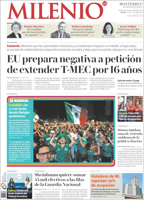 Portada de Milenio del miércoles, 1 de julio de 2026