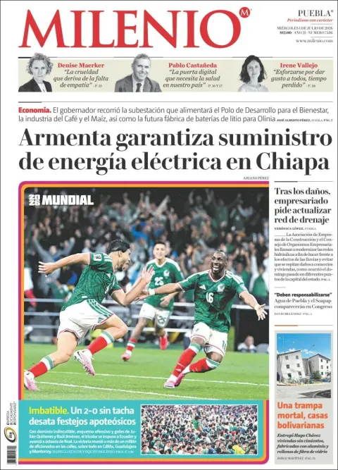 Portada de Milenio Puebla del miércoles, 1 de julio de 2026