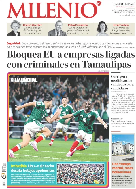 Portada de Milenio Tamaulipas del miércoles, 1 de julio de 2026