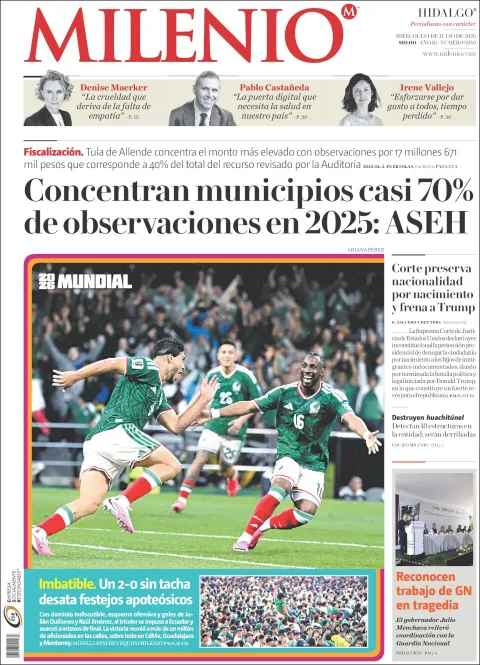 Portada de Milenio Hidalgo del miércoles, 1 de julio de 2026
