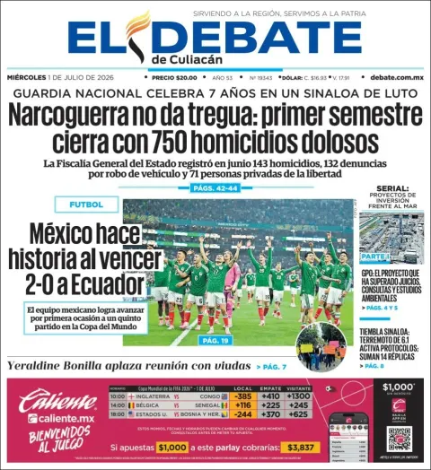 Portada de El Debate de Culiacan del miércoles, 1 de julio de 2026