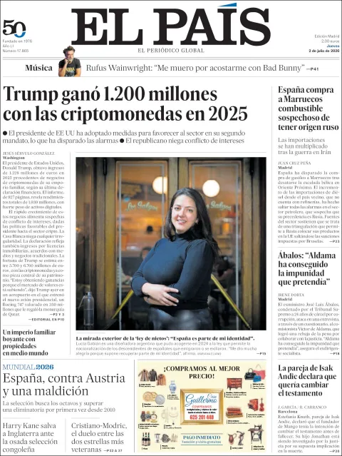 Portada de El Pais del jueves, 2 de julio de 2026