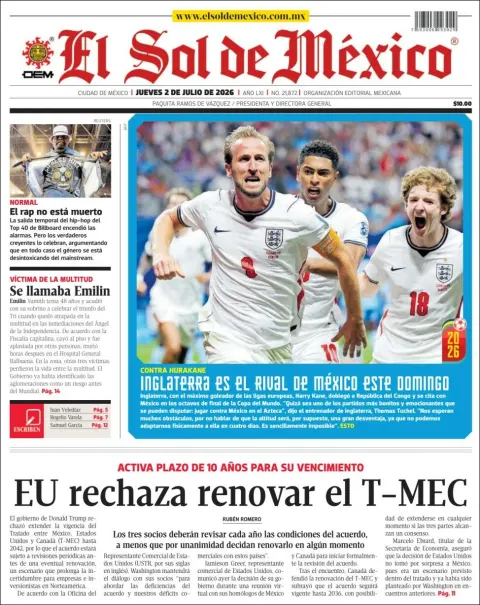 Portada de El Sol de Mexico del jueves, 2 de julio de 2026