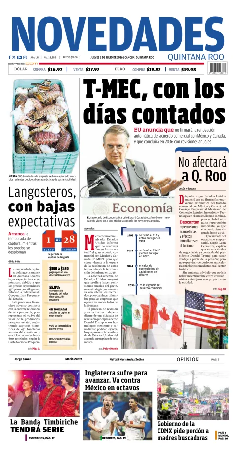 Portada de Novedades Quintana Roo del jueves, 2 de julio de 2026