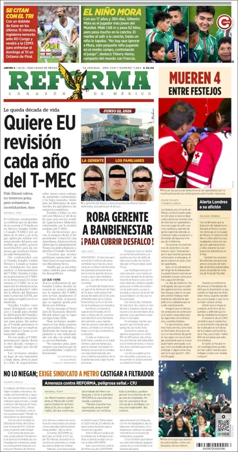 Portada de Reforma del jueves, 2 de julio de 2026