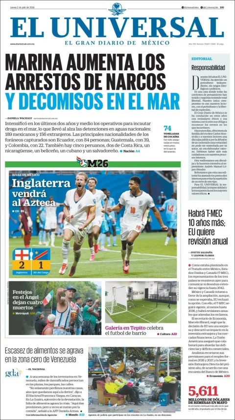Portada de El Universal del jueves, 2 de julio de 2026