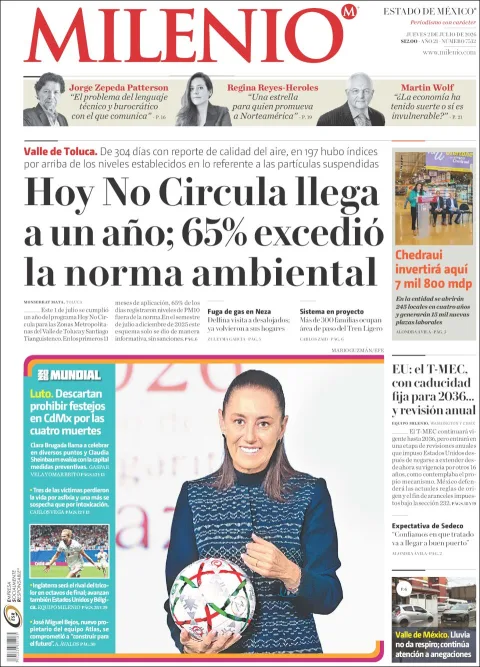 Portada de Milenio Edo de Mexico del jueves, 2 de julio de 2026