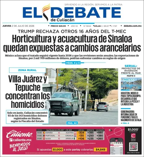 Portada de El Debate de Culiacan del jueves, 2 de julio de 2026