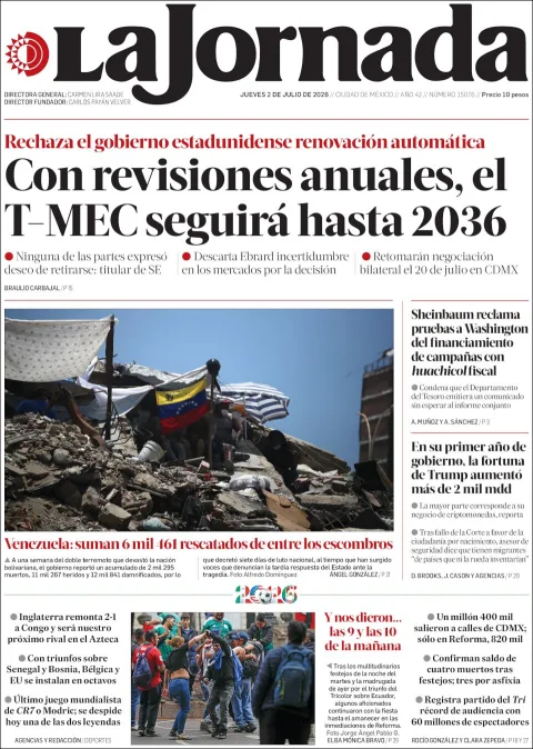Portada de La Jornada del jueves, 2 de julio de 2026