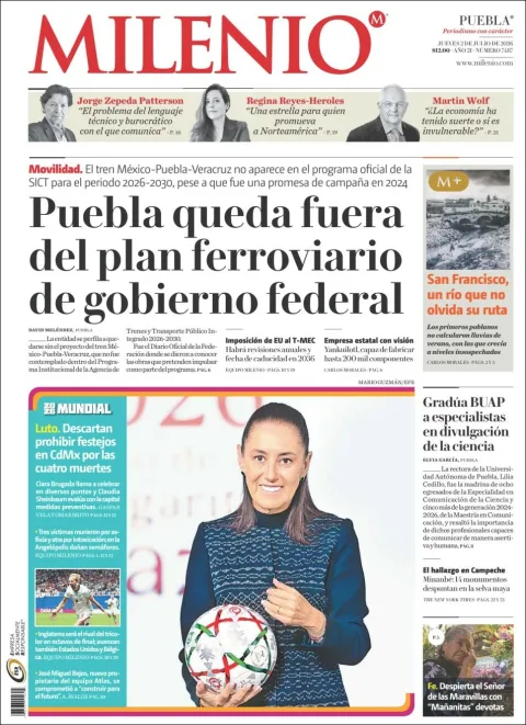 Portada de Milenio Puebla del jueves, 2 de julio de 2026