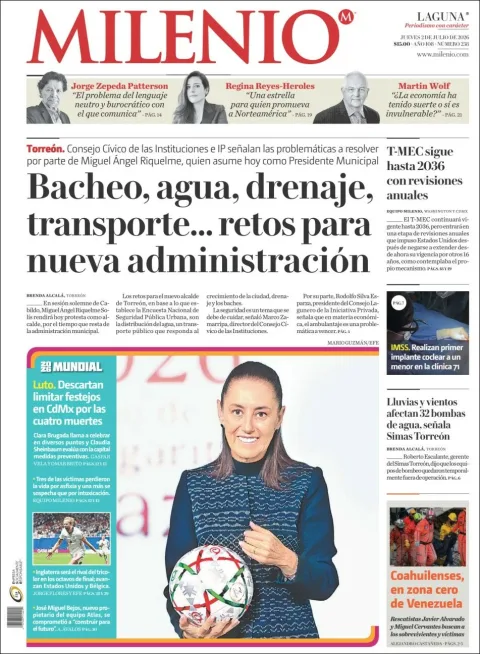 Portada de Milenio Laguna del jueves, 2 de julio de 2026