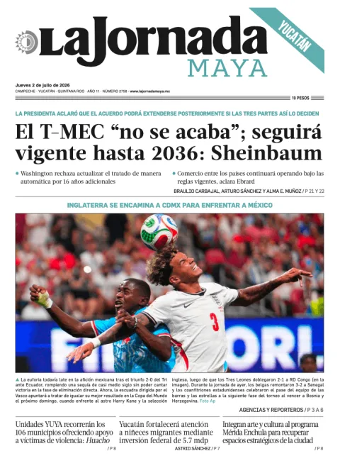 Portada de La Jornada Maya Yucatán del jueves, 2 de julio de 2026