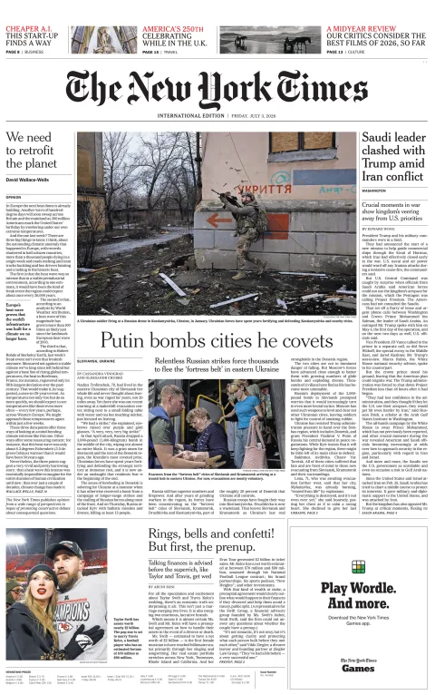 Portada de The New York Times (international) del viernes, 3 de julio de 2026