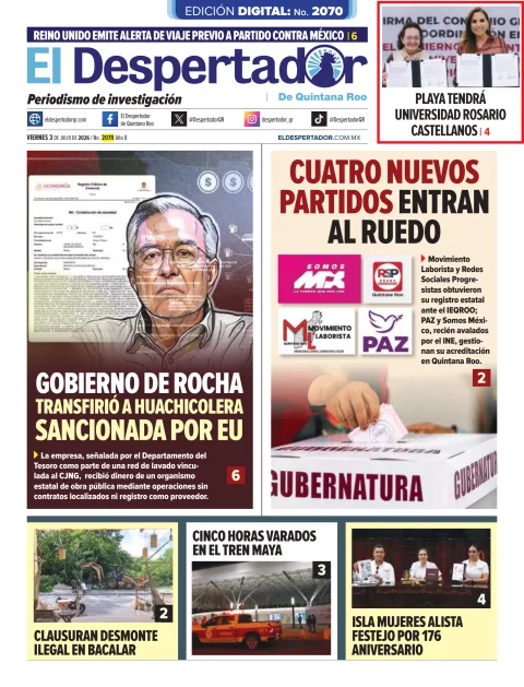 Portada de El Despertador de Quintana Roo del viernes, 3 de julio de 2026