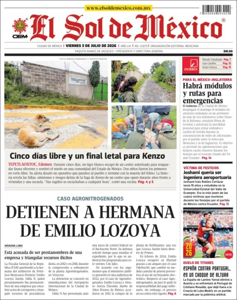 Portada de El Sol de Mexico del viernes, 3 de julio de 2026