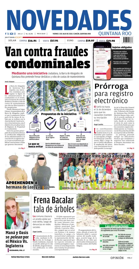 Portada de Novedades Quintana Roo del viernes, 3 de julio de 2026