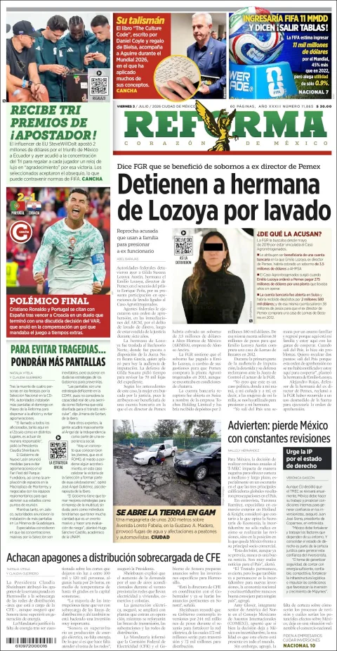 Portada de Reforma del viernes, 3 de julio de 2026