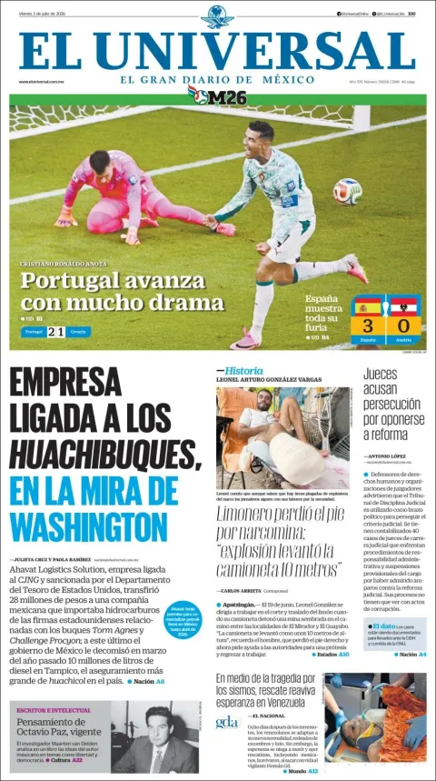 Portada de El Universal del viernes, 3 de julio de 2026