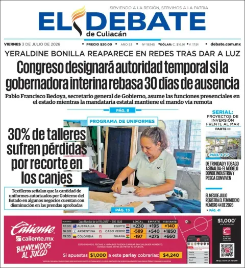 Portada de El Debate de Culiacan del viernes, 3 de julio de 2026