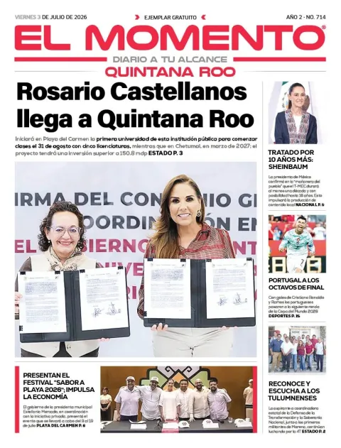 Portada de El Momento Quintana Roo del viernes, 3 de julio de 2026