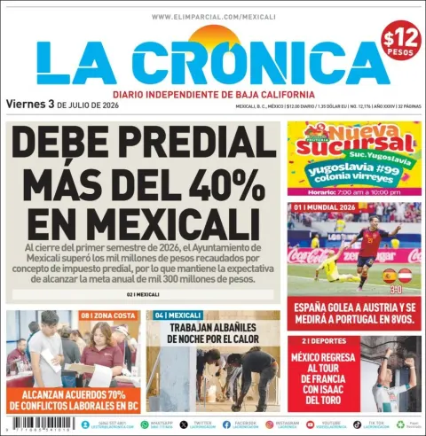 Portada de La Cronica del viernes, 3 de julio de 2026
