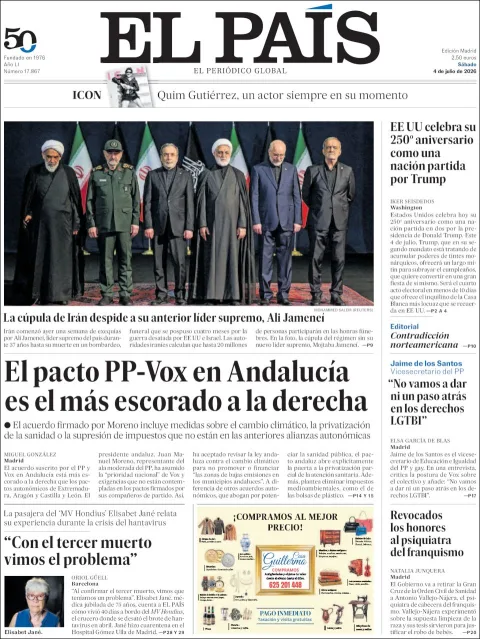 Portada de El Pais del sábado, 4 de julio de 2026