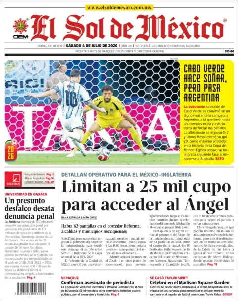Portada de El Sol de Mexico del sábado, 4 de julio de 2026