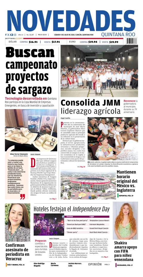 Portada de Novedades Quintana Roo del sábado, 4 de julio de 2026
