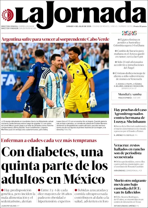 Portada de La Jornada del sábado, 4 de julio de 2026