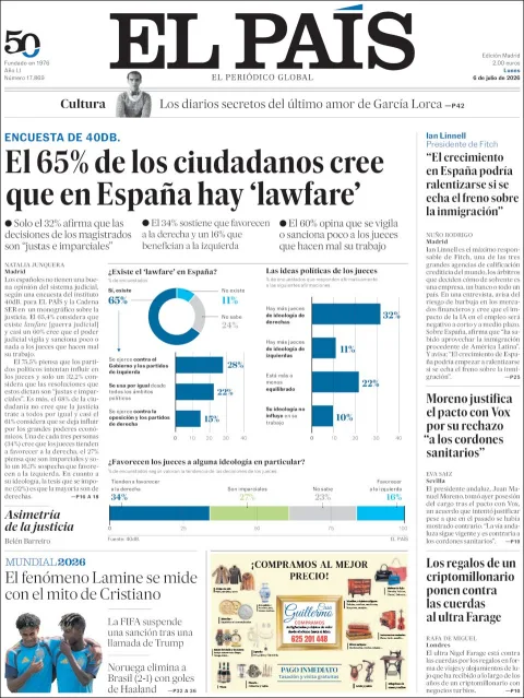 Portada de El Pais del lunes, 6 de julio de 2026