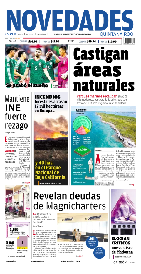 Portada de Novedades Quintana Roo del lunes, 6 de julio de 2026