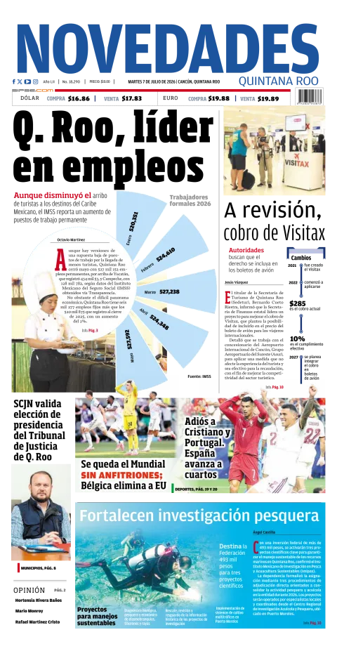Portada de Novedades Quintana Roo del martes, 7 de julio de 2026