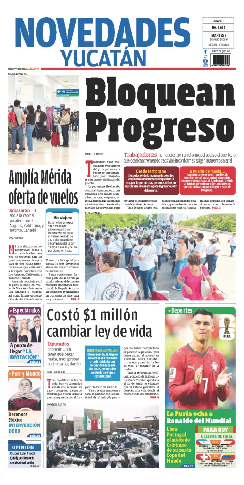 Portada de Novedades Yucatan del martes, 7 de julio de 2026