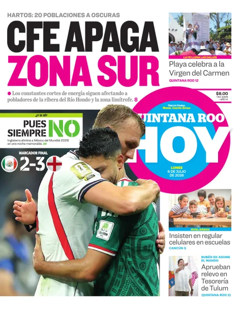 Portada de Quintana Roo Hoy (portada) del miércoles, 8 de julio de 2026