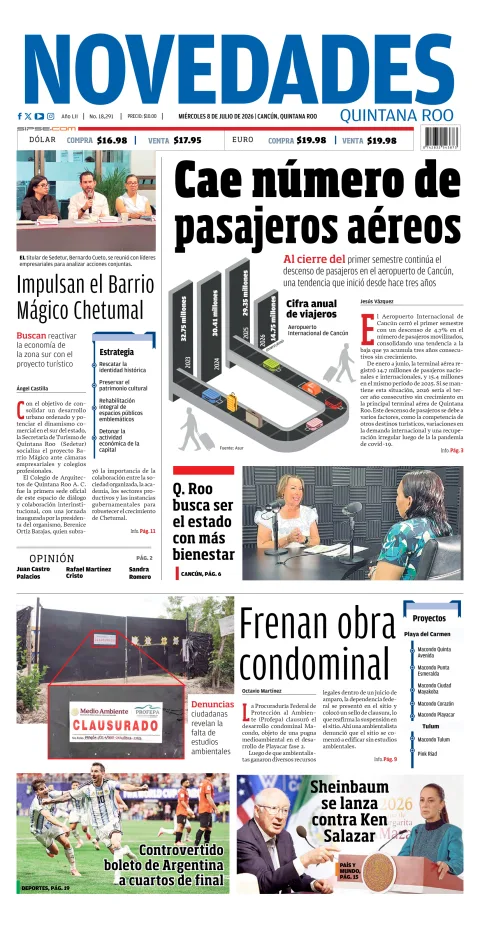 Portada de Novedades Quintana Roo del miércoles, 8 de julio de 2026