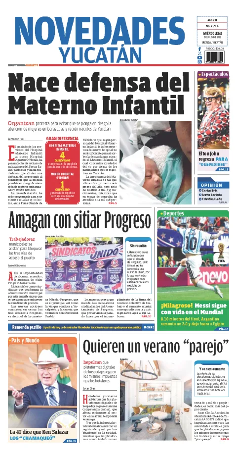Portada de Novedades Yucatan del miércoles, 8 de julio de 2026