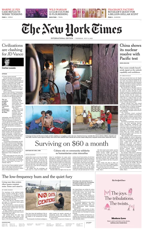 Portada de The New York Times (international) del jueves, 9 de julio de 2026