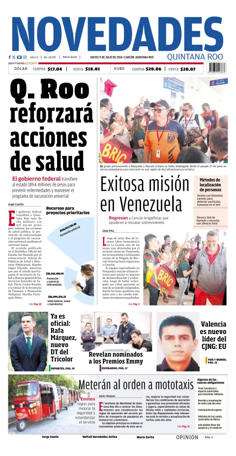 Portada de Novedades Quintana Roo del jueves, 9 de julio de 2026