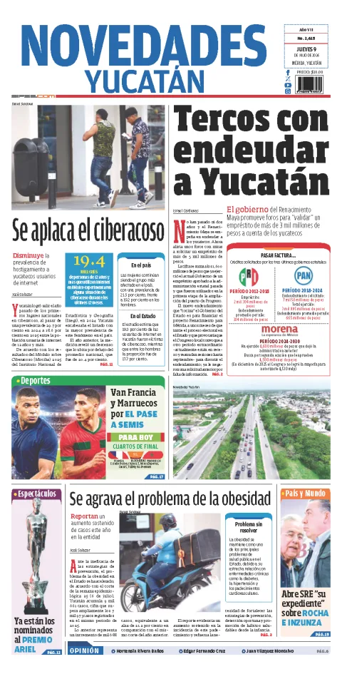 Portada de Novedades Yucatan del jueves, 9 de julio de 2026