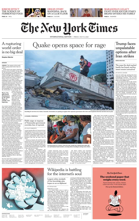 Portada de The New York Times (international) del viernes, 10 de julio de 2026