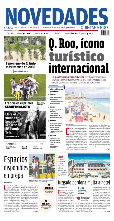 Portada de Novedades Quintana Roo del viernes, 10 de julio de 2026