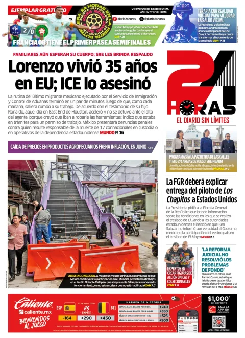 Portada de 24 Horas del viernes, 10 de julio de 2026